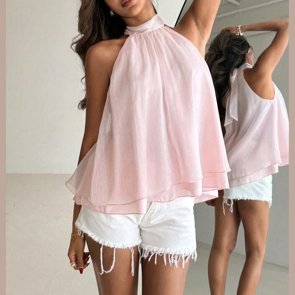 Blush Pink Shimmer Halter Tiered Swing Tank Top